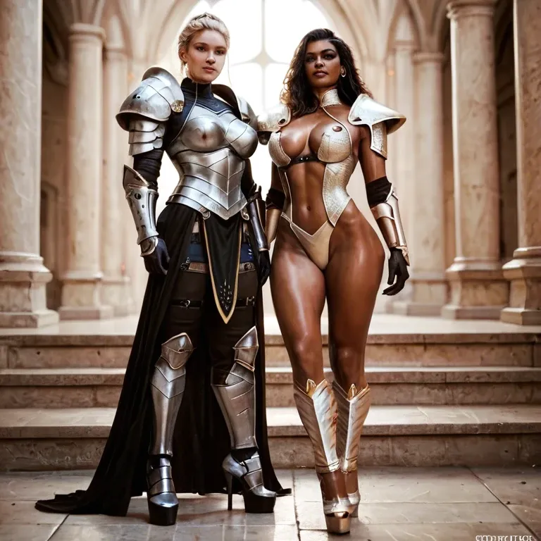 2girl, , , , nose ring,armour,big perky boobs,firm breasts,shoulder pads, blue eyes,heels,perky tits,waist,black skin, large nose,high heels,round tits,void background,knee, hoodie,black stockings,red choker,frilled bra,thigh boots, white dress,torn thighhighs,bowtie,black panties,no shoes, living room, sparkles, spaceship, western cartoon, bright-lit, 2b