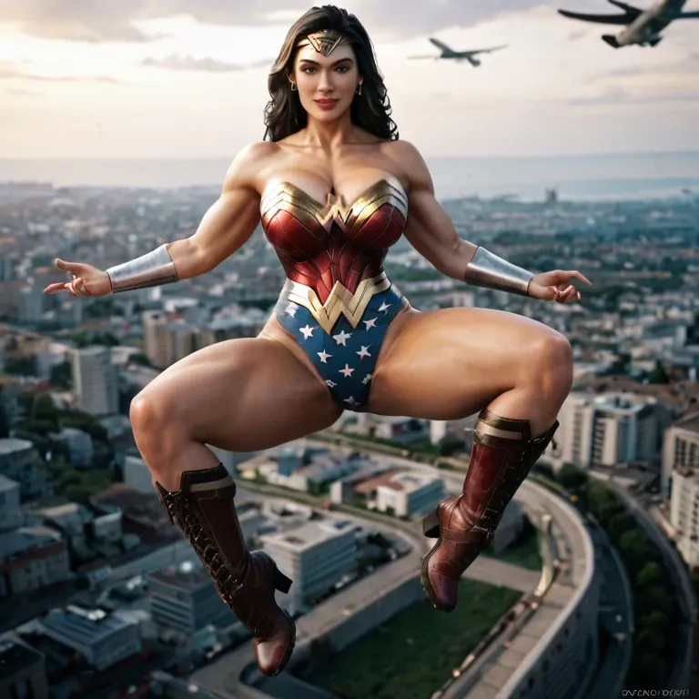 Whore Wonder Woman, Flying on Washington, Washington Background, Breast Cleavage, Wonder Woman Boots, Sunshine, on air, massive thick legs,big sexy breasts, Gta 6.