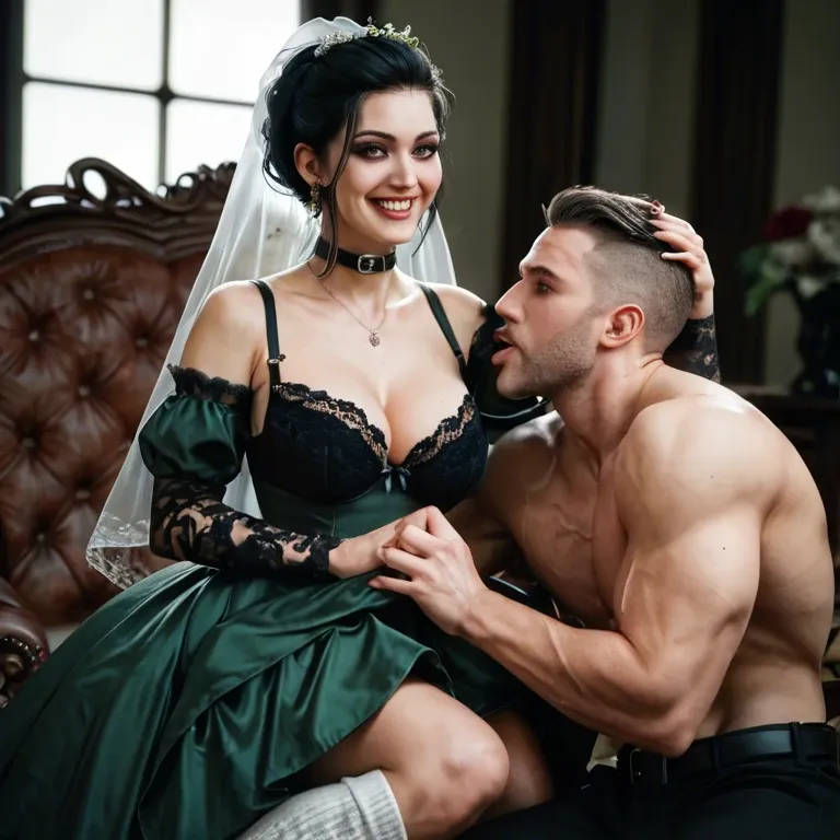 1girl,1boy, , , , strong jaw,warm smile,sucking nipple,adorable woman,off-shoulder, dark green gown,black lace bra,black collar,bra lift,gothic boots, wedding dress,white socks,red sunglasses,lace lingerie,thigh boots, barbara, daphne blake, bent over table, zelda sd, wonder woman