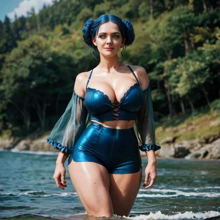 Sexy Cosplay Russian Woman, Walking in sea, Wavy Sea, Forest Background, Blue Bun Hairs, Big Massive Breats,  Thick Legs, Sunshine, Contrast, Perfect Angle, Harry Potter Series, UHD, 8k.