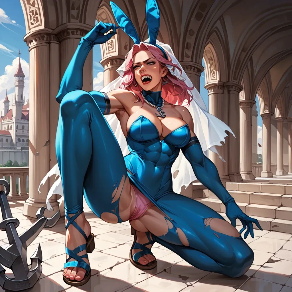 1girl,solo, , , , sharp teeth,leg up,cleavage,muscular back,girl kneeling, pants down,socks,veil,bodysuit,sandals, torn dress,palace,blue gloves,pink panties,shoes, bunny costume,anchor necklace,earrings,blue bra,high heels, bathroom, castle, facing camera, phone exposure, mario and luigi, spider-gwen, dynamic view