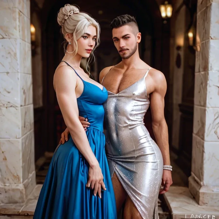 2boys, posing, couple, gay couple, Armenian androgynous skinny curvy femboy sissy in dress and chastity standing with masculine Azeri guy in Azeri national clothes