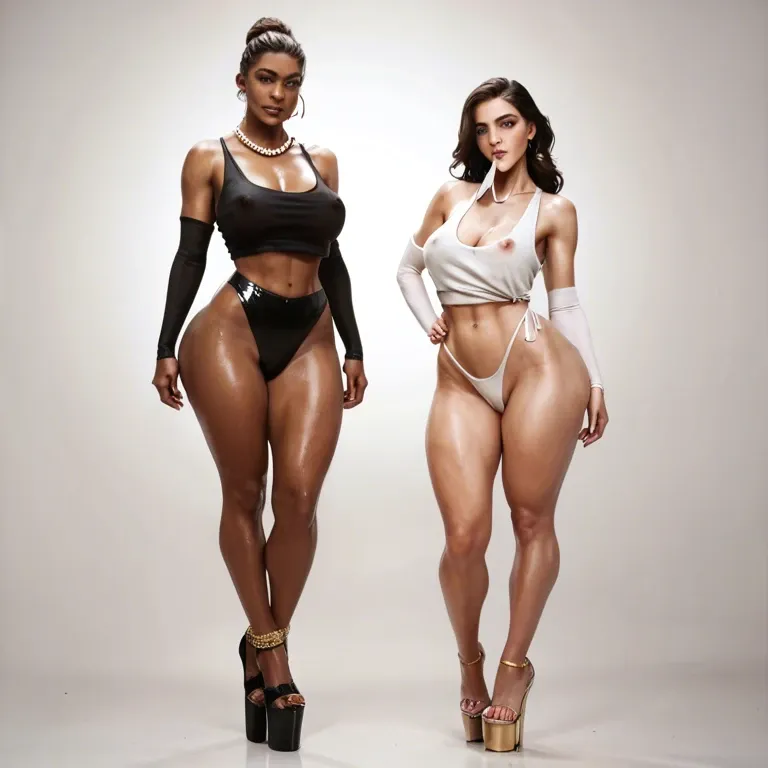 2girl, , , , mole under eye,platform heels,nipples out,turn back,elbow gloves, shirt in mouth,gold anklets,round boobs,very large hips,dark-skinned, tank top,pearl necklace,suspenders,print panties,knee boots, gymnast, city, cyberpunk, lara croft, wonder woman, ariel waifu