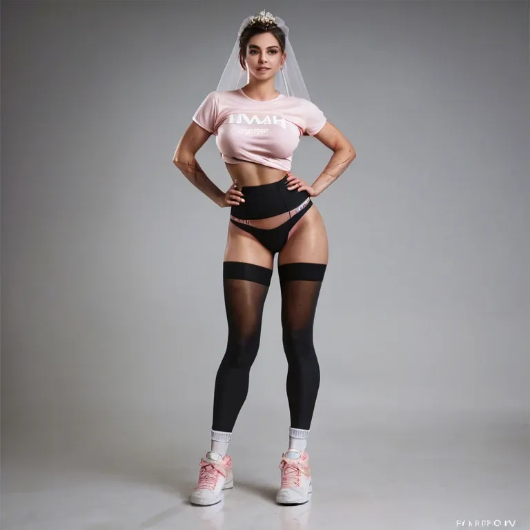 1girl,solo, , , , scar across eye,arm,big tits,hands on waist,knee-high, lifting shirt,leggings,bridal veil,panties on,sneakers, pink t-shirt,knee socks,gold tiara,bikini pull,stiletto heels, shirt torn off,tights,belt,gray sports bra,thigh boots, palace bedroom, dark forest, cyberpunk, lara croft, hinata