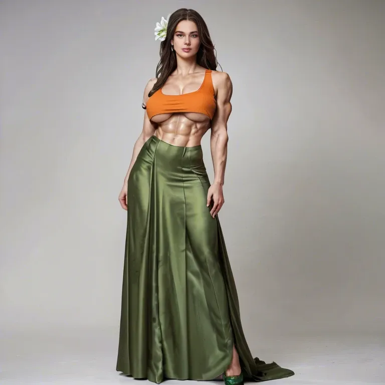 1girl, tall, long legs, leggy, ultra strong, giant boobs, big as, brown hair, orange tank top, underboob, tight skirt, long skirt, flower skirt, green heels, abs, abs, abs, golden bracelet, golden earrings, biceps