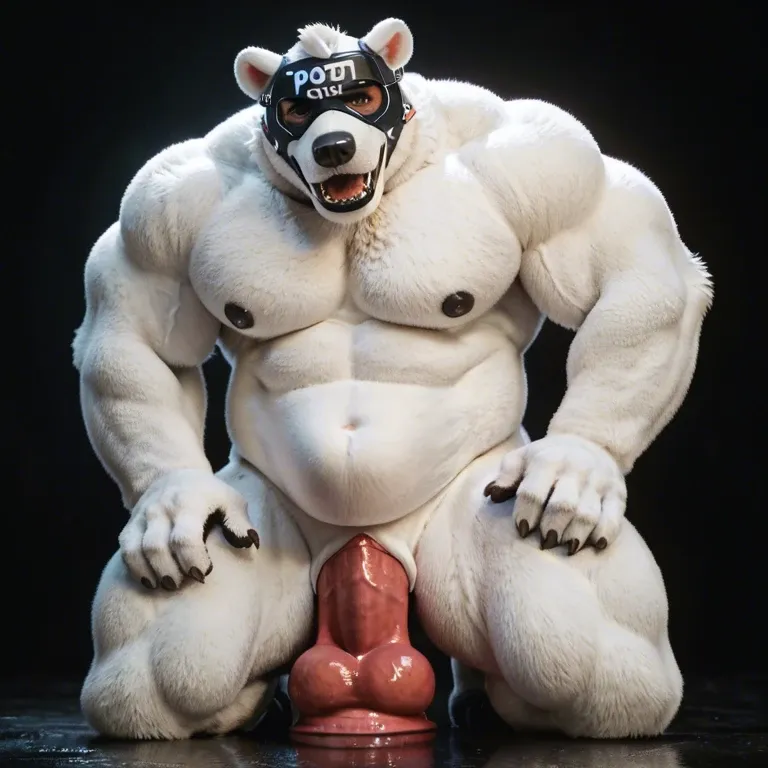 Furry only, Anthro, male, gay, Polar Bear, giant dildo, Dildo insertion, abdominal bulge, extreme, puppy play mask