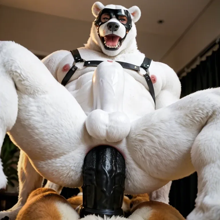 Furry only, Anthro, male, gay, Polar Bear, giant dildo, Dildo insertion, anal penetration, abdominal bulge, extreme, puppy play mask, harness, clenched teeth