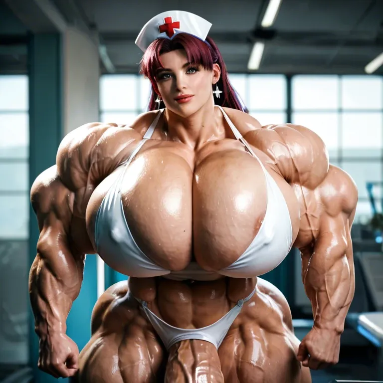 Misato Kurasagi nurse costume, female hyper muscles, hyper massive muscles trapèze, hyper massive muscles épaule, hyper massive muscles biceps, huge boobs, futa large cock