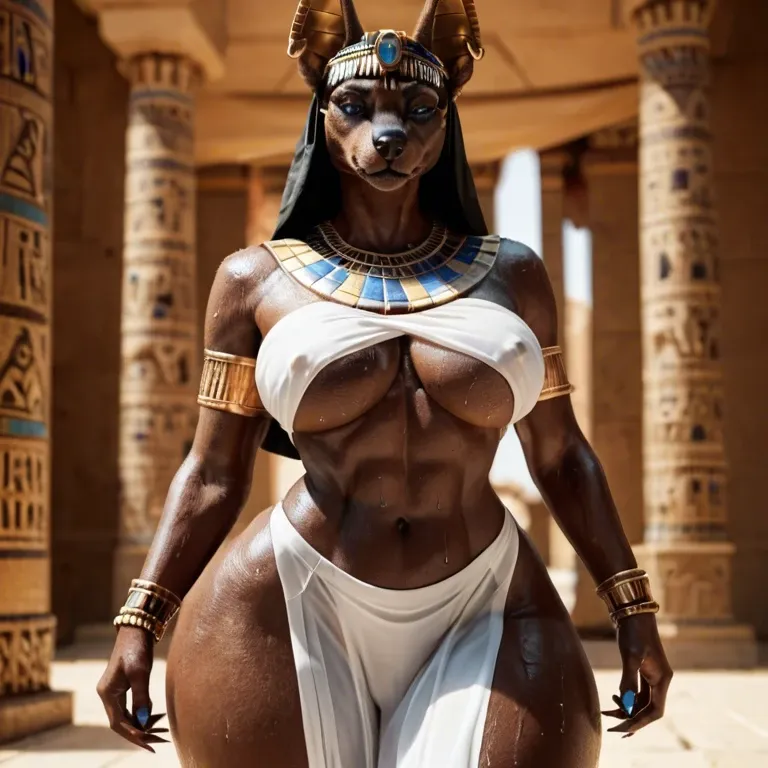 Anubis,furry, 1 girl, egypt,Egyptian jewelry,sweat,feminine body,big breats ,big ass,slim waist,big hips,standing, front view,