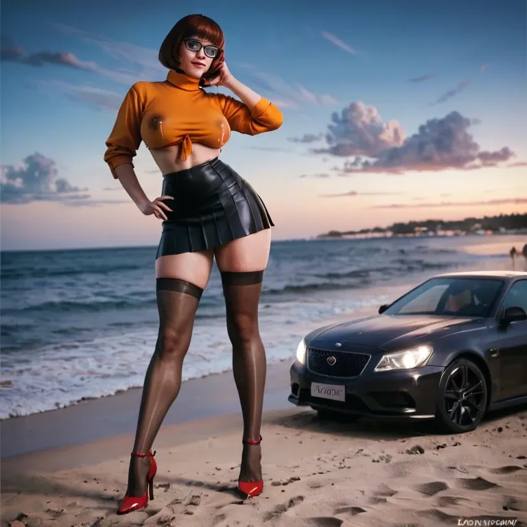 . Velma, on the beach, at night, glamorous and korean, black crewneck shirt, tight skirt, black skirt, long stockings, black stockings, Lactating, Louboutin heels