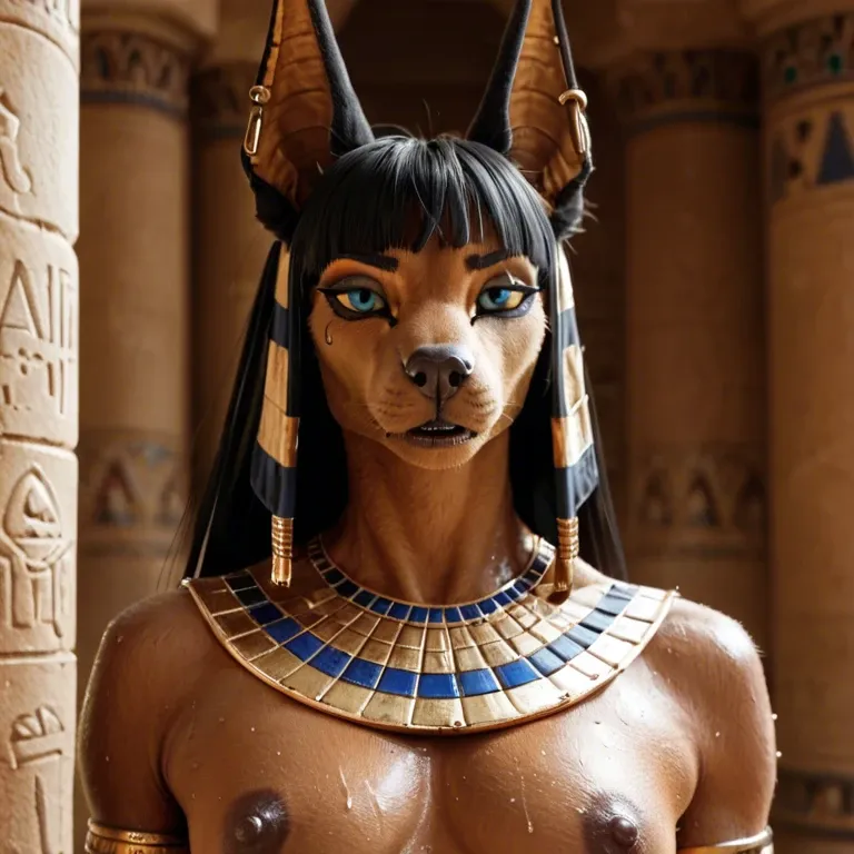 Anubis,furry, anthro, 1 girl, egypt,Egyptian jewelry,sweat,feminine body,