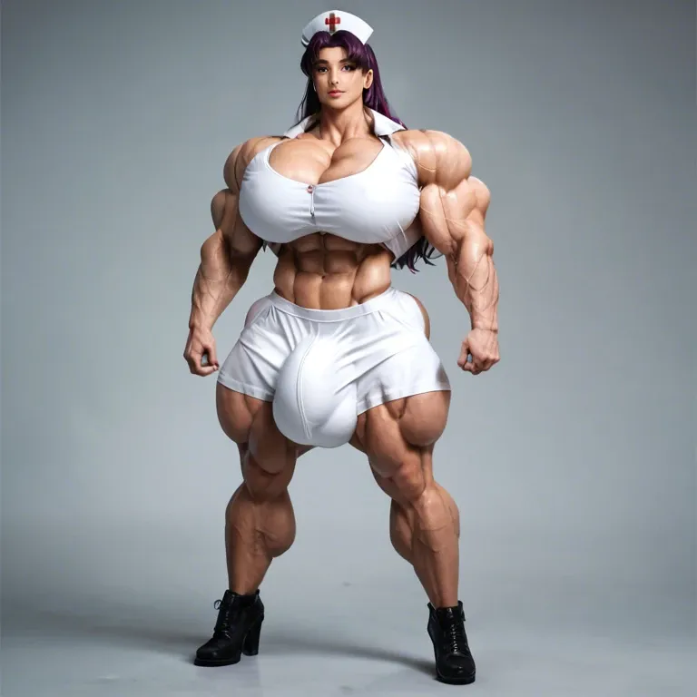 Misato Kurasagi nurse, female hyper muscles, hyper massive muscles trapèze, hyper massive muscles épaule, hyper massive muscles biceps, huge boobs, futa bigger cock bulge