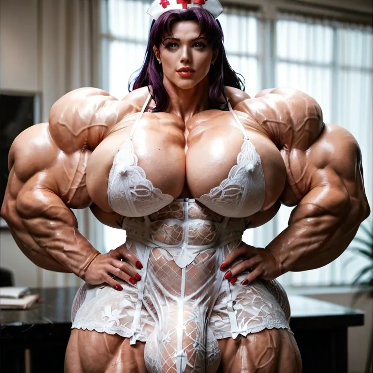 Misato Kurasagi, female hyper muscles, hyper massive muscles trapèze, hyper massive muscles épaule, hyper massive muscles biceps, huge boobs, futa bigger cock bulge, lingerie nurse