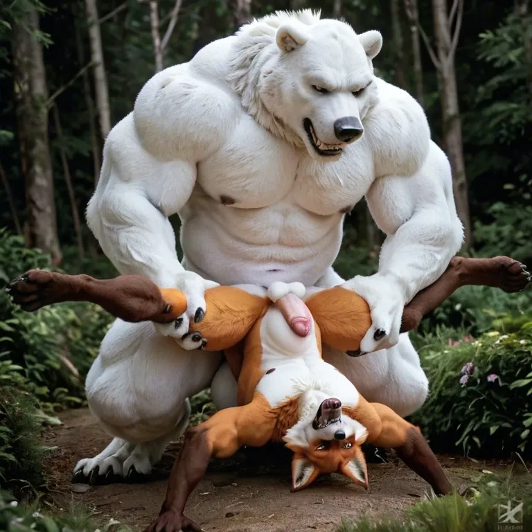 Furry only, Anthro, two males, gay, Fox, Polar Bear, Beast, giant penis, anal penetration, abdominal bulge, rough, size difference, outside, angry face