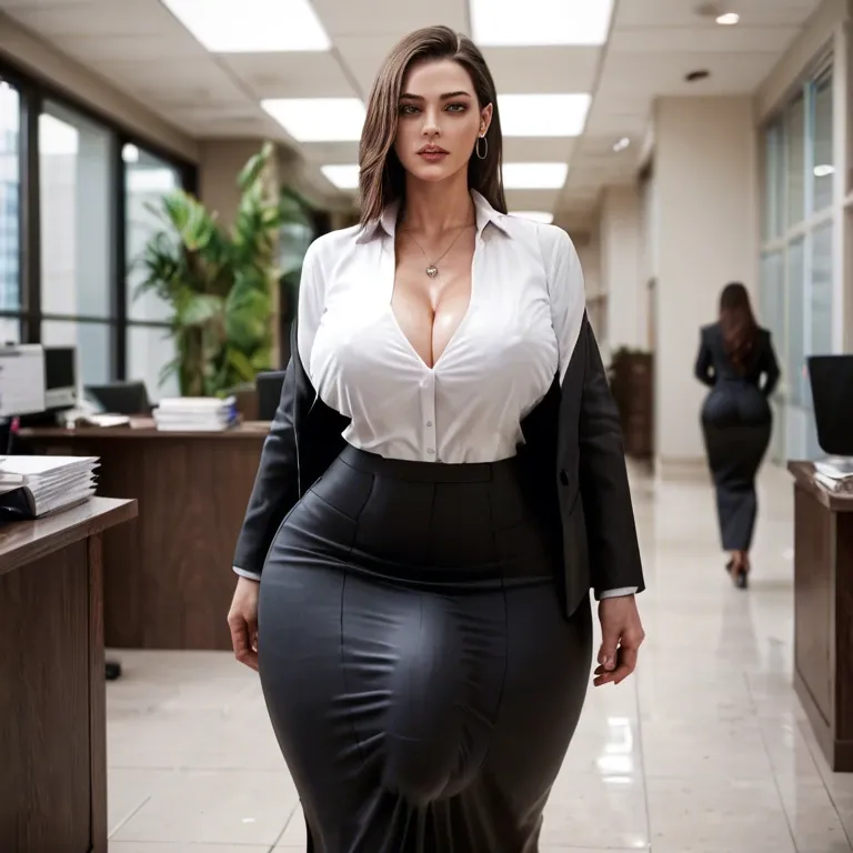 Huge ass, wide hips, thick thighs, futanari, massive cock, huge balls , Office Lady, walking around office, long skirt, suit, massive bulge