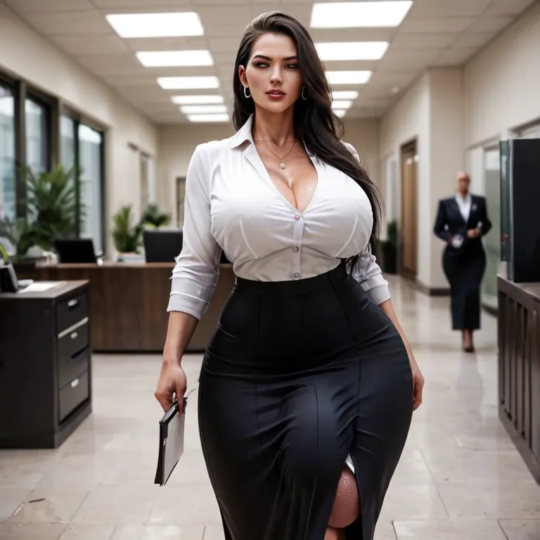 Huge ass, wide hips, thick thighs, futanari, massive cock, huge balls , Office Lady, walking around office, long skirt, suit, huge bulge, penis scraping on floo