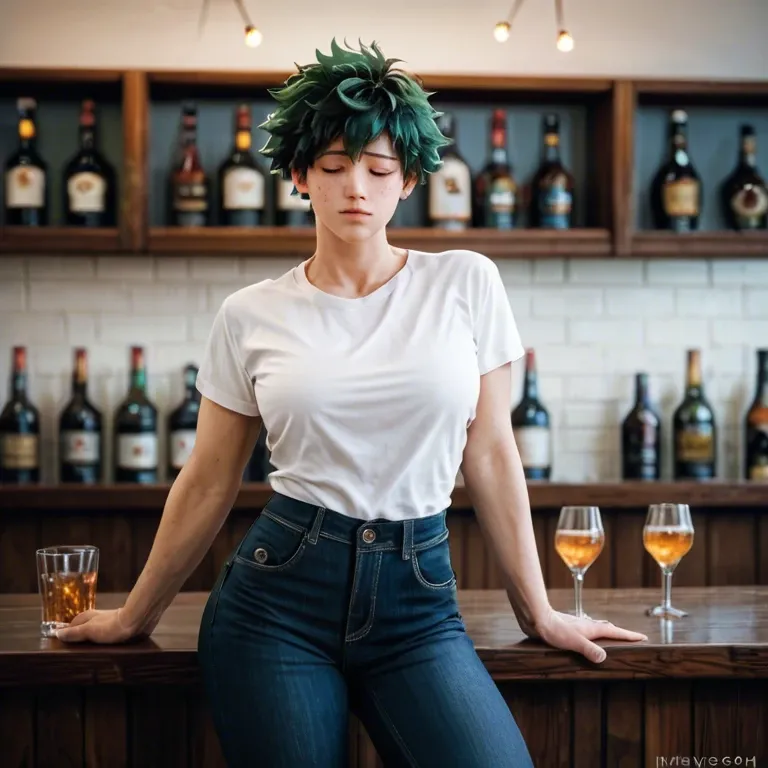 Izuku Midoriya, looking at users, wearing black jeans, white shirt, distracted and hopeless expression, closed eyes, solo, in bar,