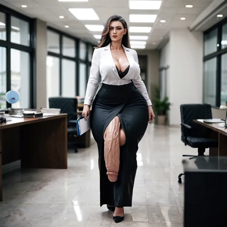 Huge ass, wide hips, thick thighs, futanari, massive cock, huge balls , Office Lady, walking around office, long skirt, suit,