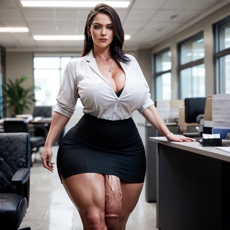 Huge ass, wide hips, thick thighs, futanari, massive cock, huge balls , Office Lady, walking around office,  skirt, suit,