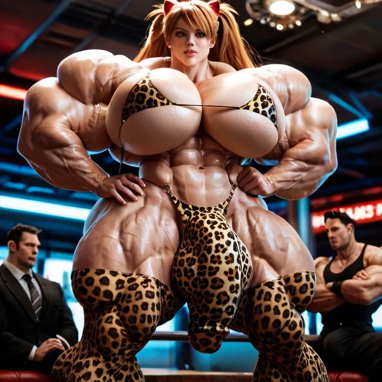 Asuka Langley, female massive muscles, huge muscle buff, hyper massive muscles trapèze, hyper massive muscles épaule, hyper massive muscles biceps, nude huge breasts, leopard print stockings, club, futa bigger cock bulge