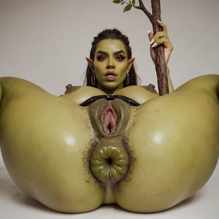 Female orc, green skin, tusk, swollen pussy, Big pussy, hairy asshole, anal stick, Stick inside asshole,