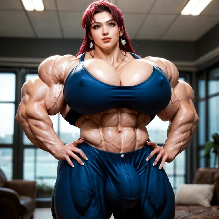 Misato Kurasagi police costume, Hyper female muscle, BODYBUILDER HYPER MUSCLE, muscular female, hyper muscles trapèze, hyper muscles épaule, hyper muscles biceps, huge breasts, Futa bigger cock bulge