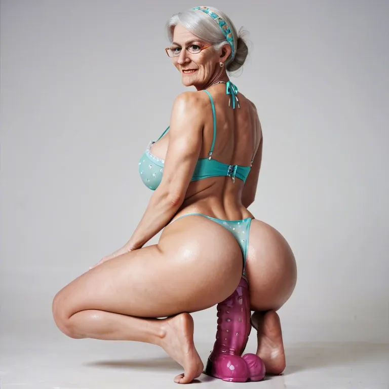 Blonde. Granny kneeling in sexy outfit with a transparant underwear. Big tits and ass dildo her