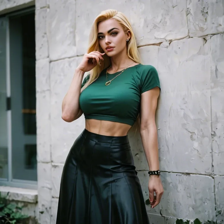 1 girl, yellow blond hair, black long skirt, green top, black eyebrows, tough out of her mouth, leaningwith one hand abouve her head to a wall which you cant see,