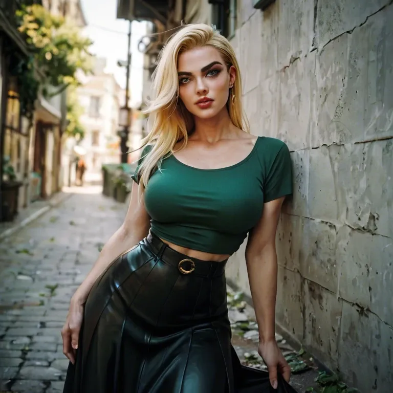 1 girl, yellow blond hair, black long skirt, green top, black eyebrows, tough out of her mouth, leaningwith one hand abouve her head to a wall which you cant see,