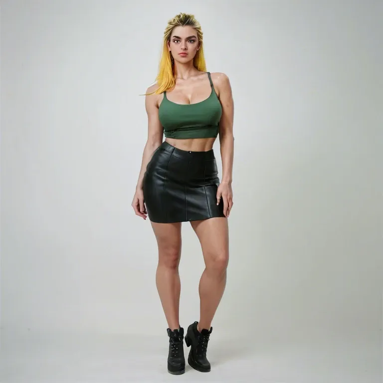 1 girl, yellow blond hair, black skirt, green top, black eyebrows, knee slives, tough out, standing ,