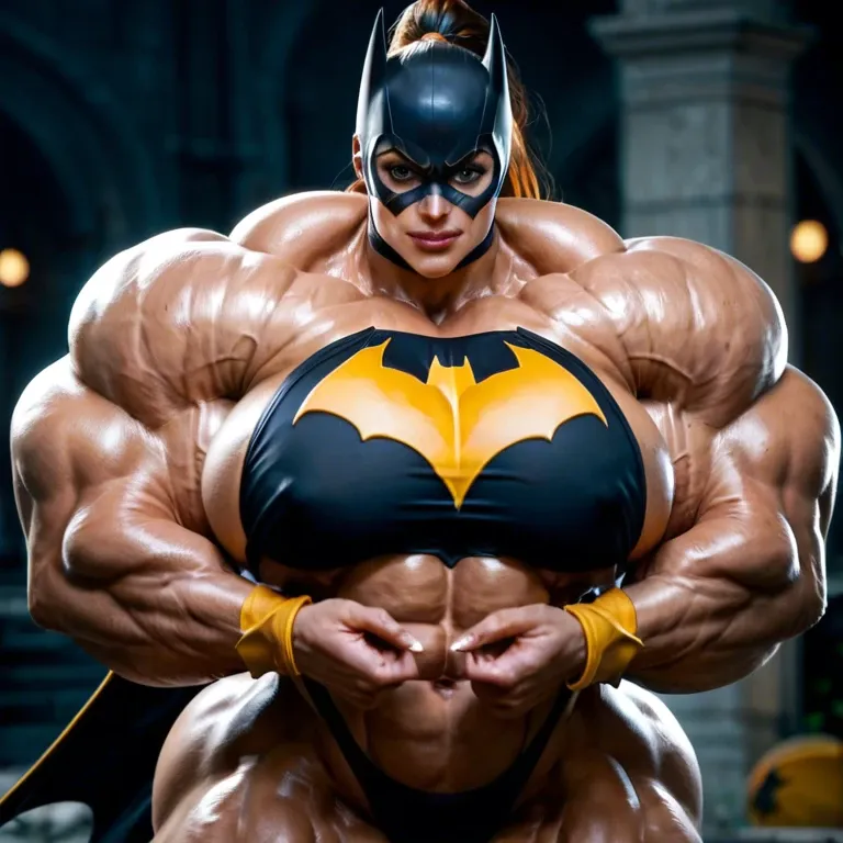 Batgirl, womanly, face, brown skin, tan skin, big brown eyes, high black ponytail, hyper muscles, gigantic muscles, huge muscles, massive muscles, massive biceps, peaked biceps, huge traps, huge lats, wide back, huge back muscles, massive pectorals, huge pecs, massive muscle neck, defined muscles, veiny, choker, narrow waist, massive bulge, huge bulge, huge balls, massive balls, perky butt, bubble butt, looking at viewer, hyper muscles, gigantic muscles, huge muscles, massive muscles, massive biceps, huge traps, huge lats, huge bulge, white tank top, abs