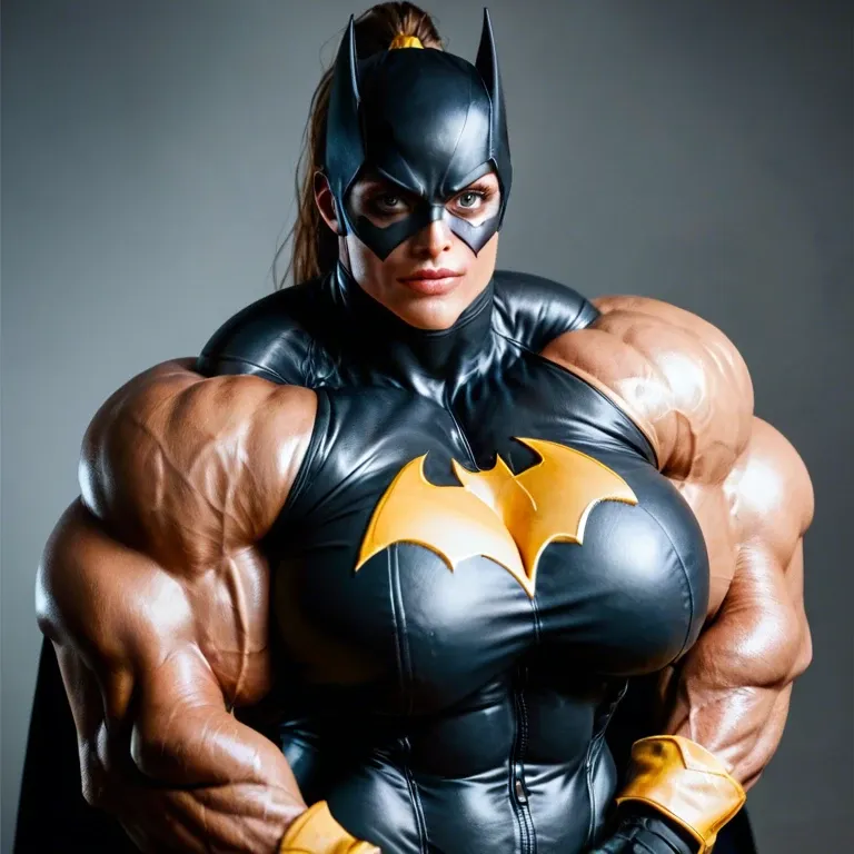 Batgirl, womanly, face, brown skin, tan skin, big brown eyes, high black ponytail, hyper muscles, gigantic muscles, huge muscles, massive muscles, massive biceps, peaked biceps, huge traps, huge lats, wide back, huge back muscles, massive pectorals, huge pecs, massive muscle neck, defined muscles, veiny, choker, narrow waist, massive bulge, huge bulge, huge balls, massive balls, perky butt, bubble butt, looking at viewer, hyper muscles, gigantic muscles, huge muscles, massive muscles, massive biceps, huge traps, huge lats, futa bigger cock bulge