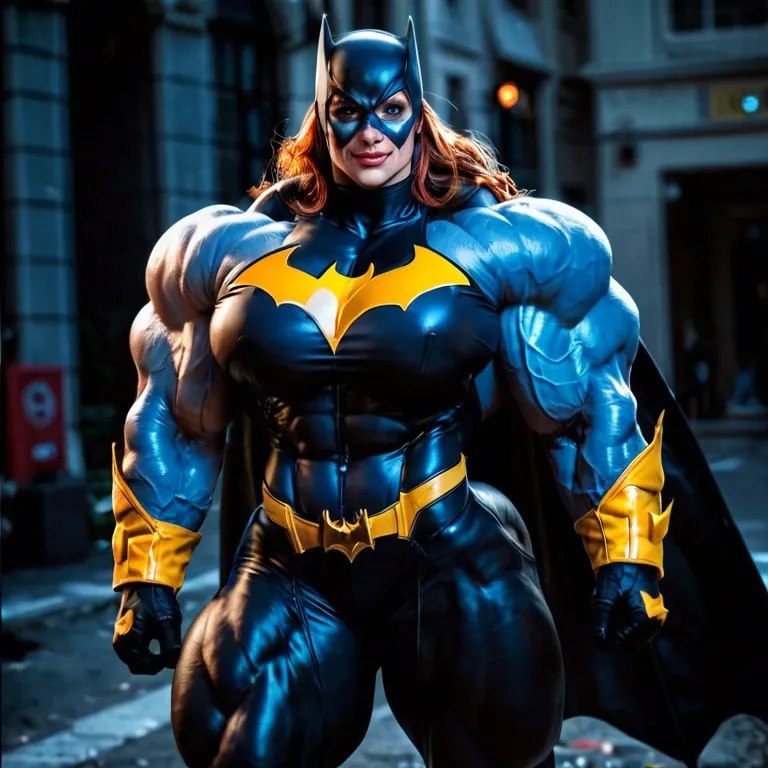 Batgirl, womanly, face, hyper muscles, gigantic muscles, huge muscles, massive muscles, massive body, huge traps, massive muscle neck, defined muscles, hyper muscles, gigantic muscles, huge muscle trapèze, massive muscle épaule, massive biceps, massive pectorals, huge pecs, futa bigger cock bulge