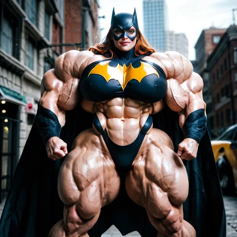 Batgirl, womanly face, gigantic muscles female, huge muscles buffet, massive muscles, massive body, defined muscles, hyper muscles, gigantic muscle trapèze, massive muscle épaule, massive biceps, massive pectorals, huge pecs, futa bigger cock bulge