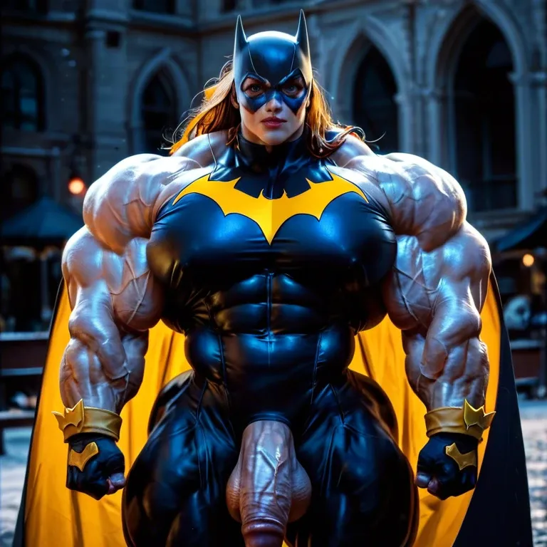 Batgirl, womanly, hyper muscles, massive muscle, defined muscles, hyper muscles, gigantic muscles,massive muscle trapèze, massive muscle épaule, massive muscle biceps, massive pectorals, huge pecs, futa bigger cock bulge