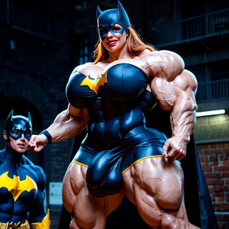 Batgirl, womanly male,  hyper muscles, massive muscle, defined muscles, hyper muscles, gigantic muscles,massive muscle trapèze, massive muscle épaule, massive muscle biceps, big breasts, futa bigger cock bulge