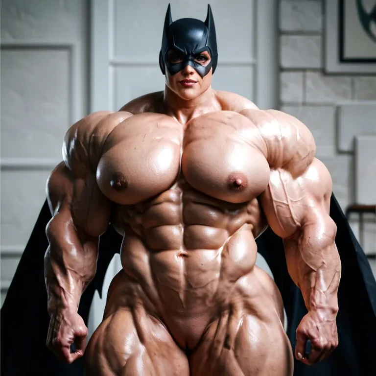 Batgirl, womanly, hyper muscles, massive muscle, defined muscles, hyper muscles, gigantic muscles,massive muscle trapèze, massive muscle épaule, massive muscle biceps, nude massive pectorals, huge pecs nudr, futa bigger cock bulge