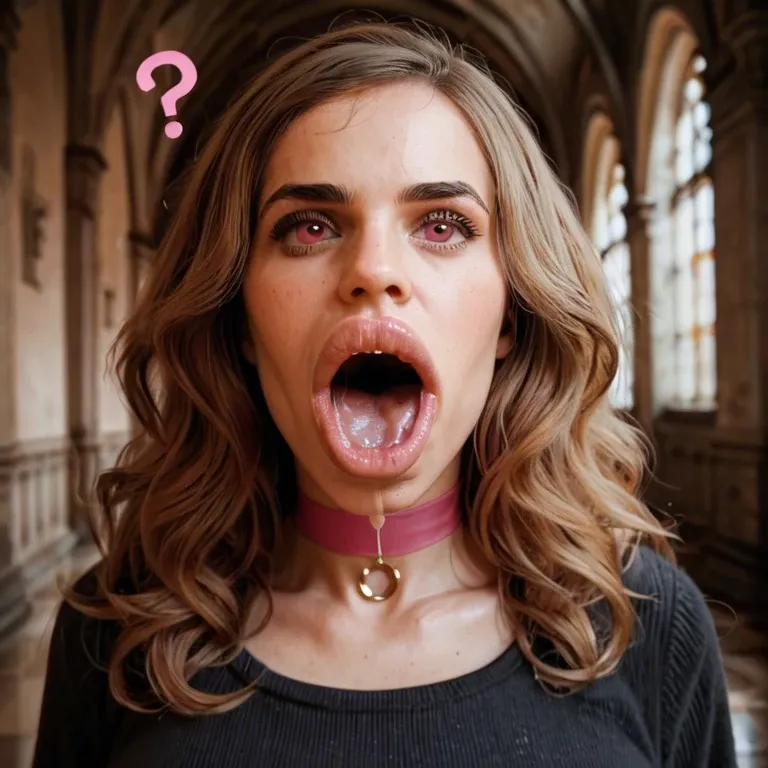 pink question marks, ?, (Hermione Granger), hyper huge lips, castle hallway, gaping mouth drool, pink eyes, closeup, pink choker, black school robes