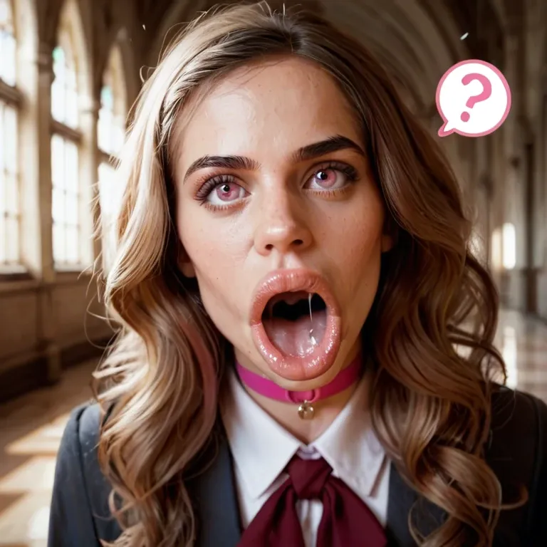 pink question marks, ?, (Hermione Granger), hyper huge lips, castle hallway, gaping mouth drool, pink eyes, closeup, pink choker, black school uniform