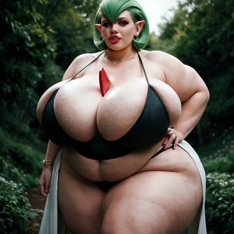 (Gardevoir Pokemon), hyper lips, obese weight gain, thick thighs, huge sagging breasts