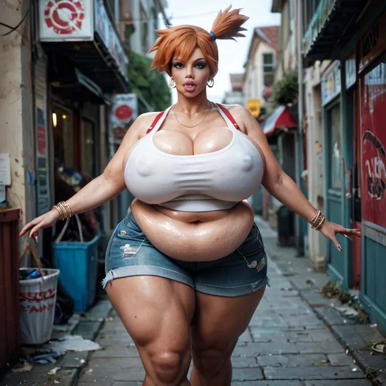 (Misty Pokemon), hyper lips, obese weight gain, thick thighs, huge sagging breasts, clothes, bimbofication