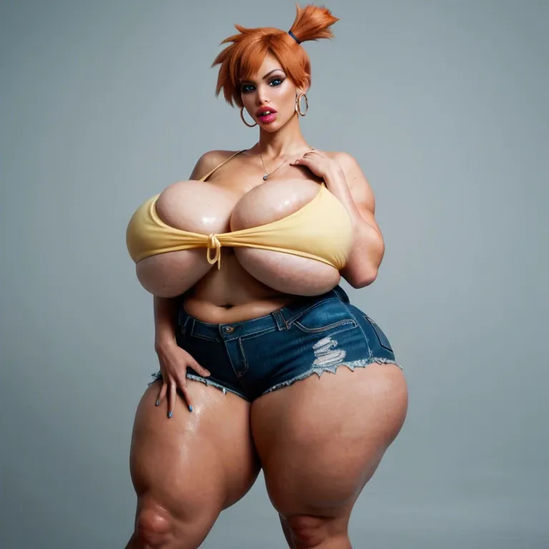 (Misty Pokemon), hyper lips, obese weight gain, thick thighs, huge sagging breasts, clothes, bimbofication