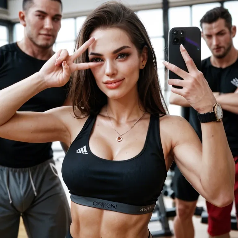 Brunette woman in black crop top and black watch, leaning selfie pose peace sign, while being groped by multiple men, gym, lots of men in background