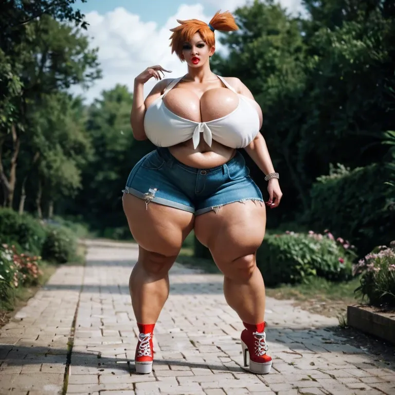 (Misty Pokemon), hyper lips, obese weight gain, thick thighs, huge sagging breasts, clothes, bimbofication