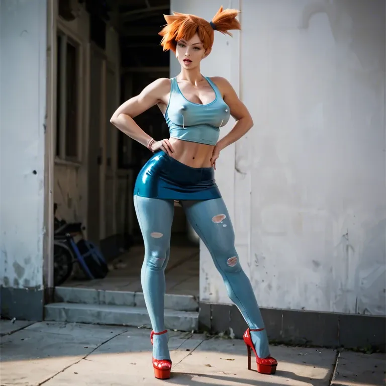 Misty from pokemon, misty from pokemon clothes, misty from pokemon hairstyle, fucked by pokemon, Louboutin heels, Strappy, Lacating through top, Tight tops, form fitting clother, A line skirt, lifted.