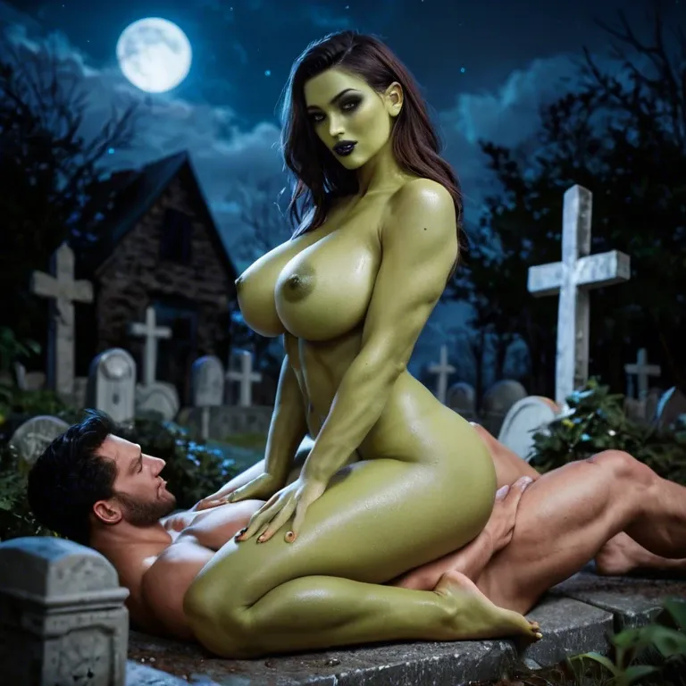 Poisen ivy woman villain, green skin voluptuous, nude, graveyard, straddle, night