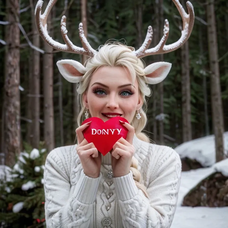 Don't do it! sign, Norwegian winter forest, Character Elsa's sister, holding a red heart, - an Elk, a snow hare, a slay, a reindeer