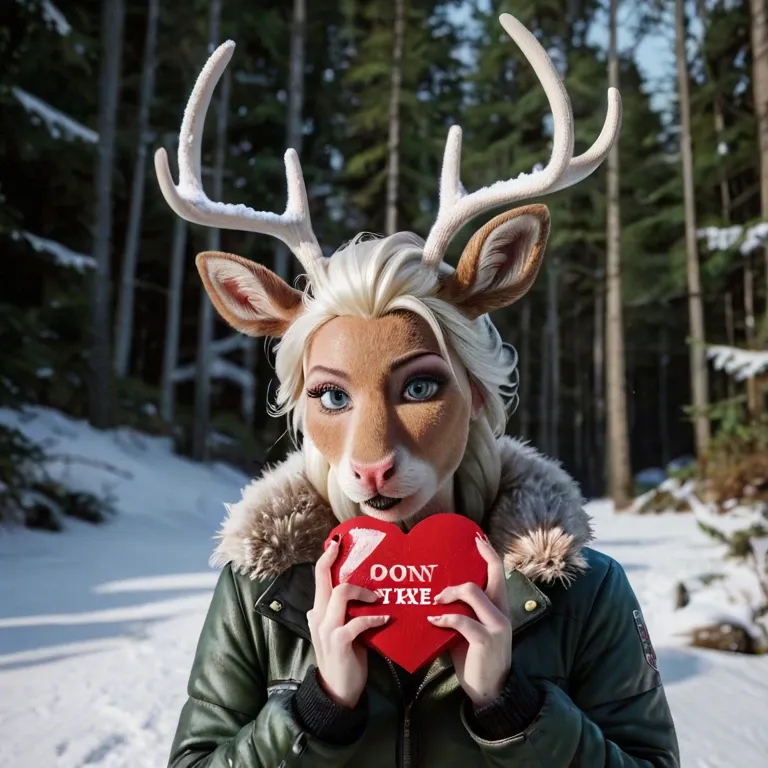 Don't! sign, Norwegian winter forest, Character Elsa's sister, holding a red heart, - an Elk, a snow hare, a slay, a reindeer