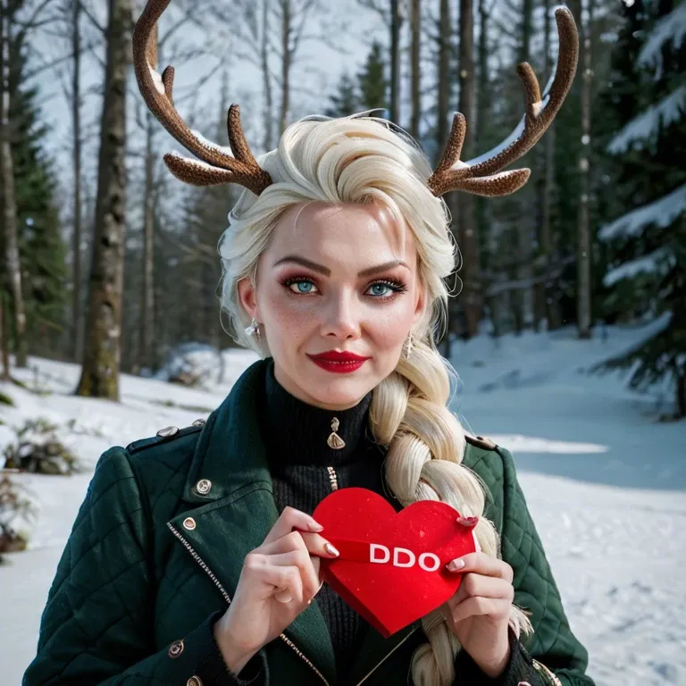 Don't do it! sign, Norwegian winter forest, Character Elsa's sister, holding a red heart, - an Elk, a snow hare, a slay, a reindeer