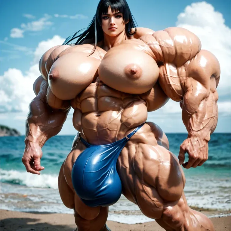 Satsuki , woman muscles, gigantic muscle buffet, hyper muscle mass, gigantic muscle body, massive muscles, huge muscles, hyper muscles, gigantic muscles, massive muscles, defined muscles, nude  big breasts, futa monster cock bulge, beach